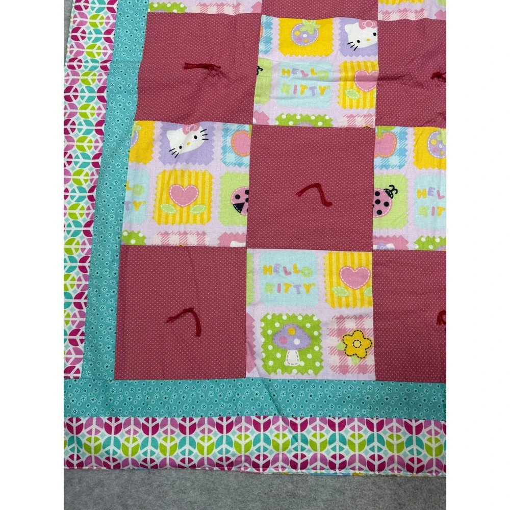 Handmade Hello Kitty Patchwork Baby Quilt Reversible Teddy Bear 34x34 Linus